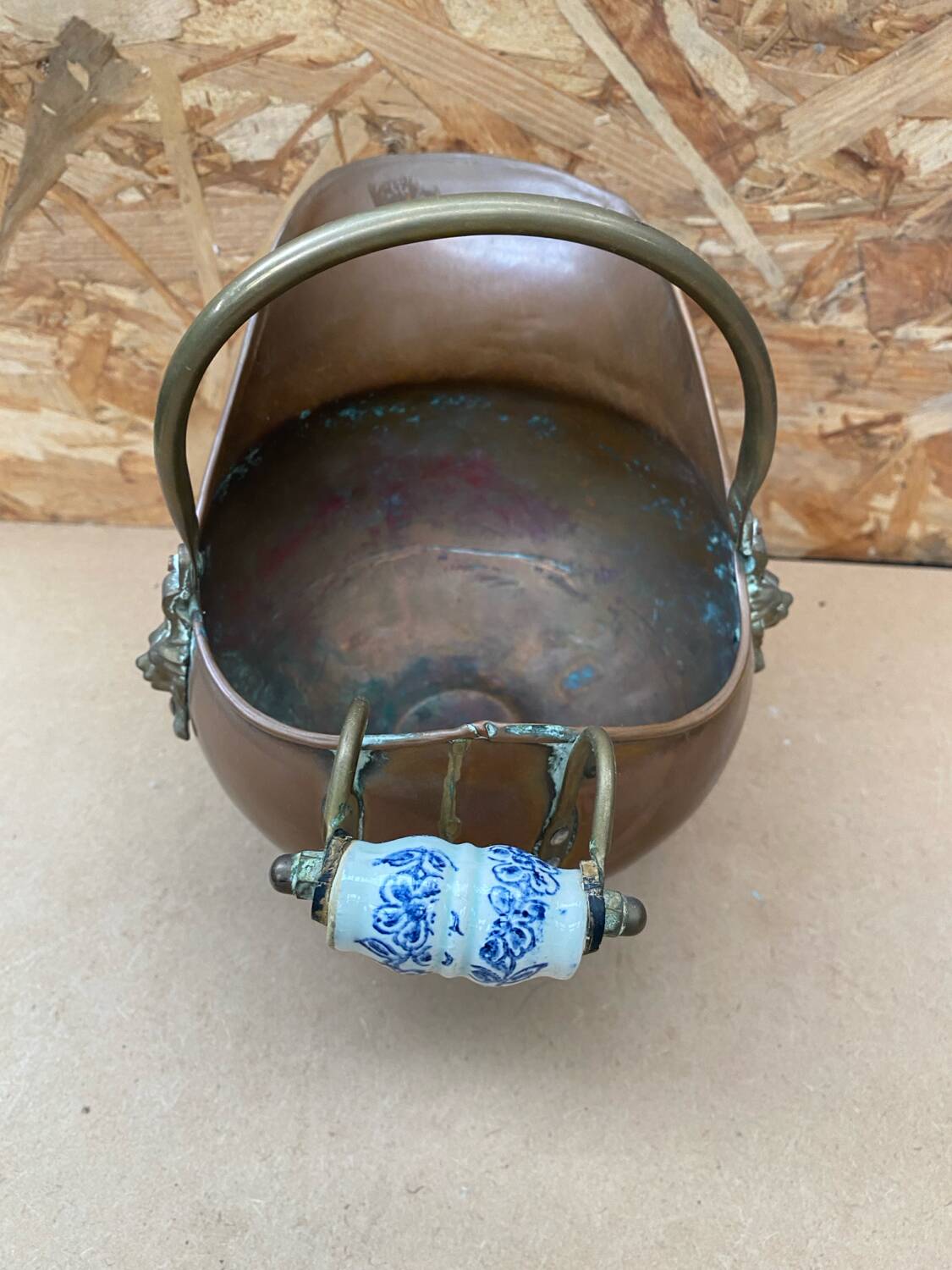 Antique copper & brass ash bucket + porcelain handle
