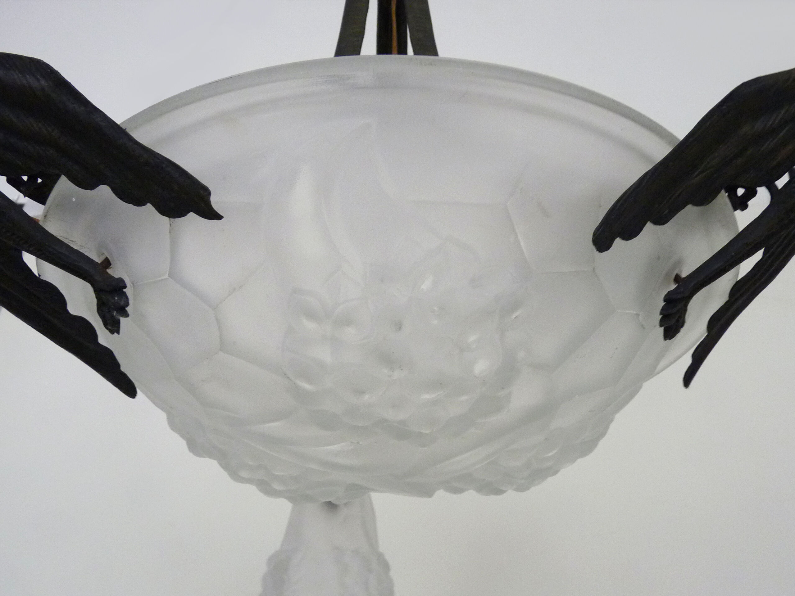 Art deco wrought iron chandelier - signed ros (degué) decoration birds