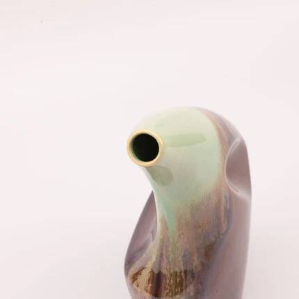 Vase asymétrique en grès à ouverture inclinée - turquoise et marron