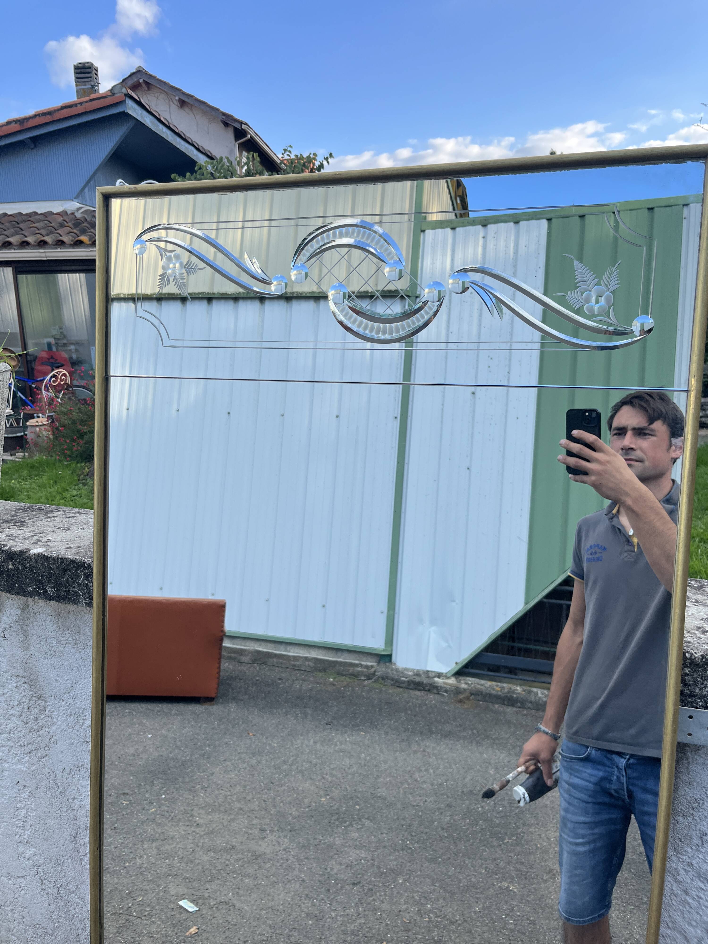 Large Venetian style mirror with engraved decoration and gilded frame 184 cm