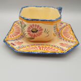 cups with octagonal saucers Henriot Quimper flower decoration leaves flowers