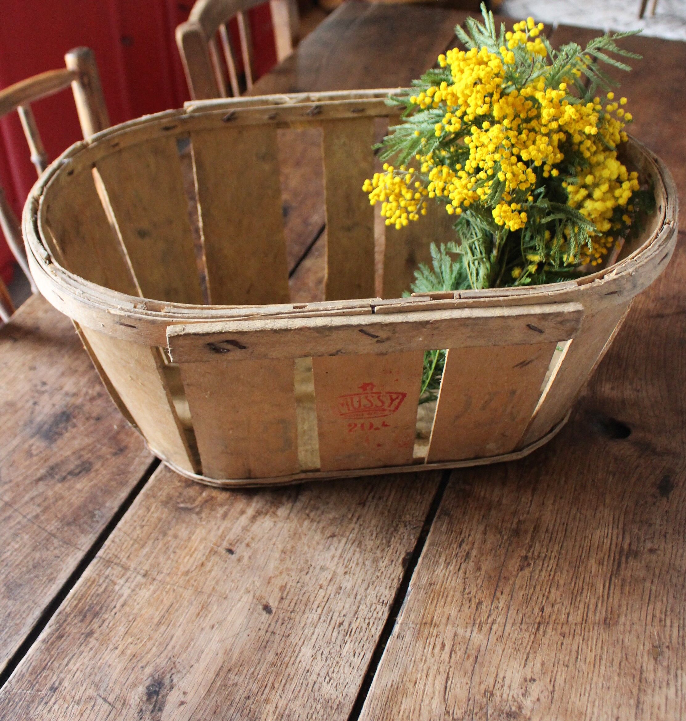 Wooden crate with slats strapping stamp mussy red storage