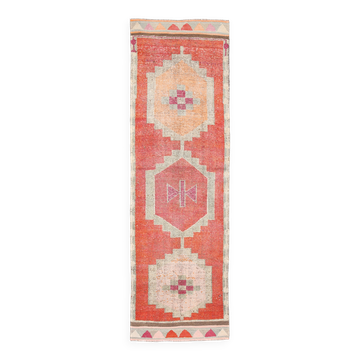 Tapis Couloir Oushak Corail Vintage, Tapis Turc Ancien, 95x310 Cm