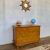 Commode vintage à 3 tiroirs pieds compas en chêne clair