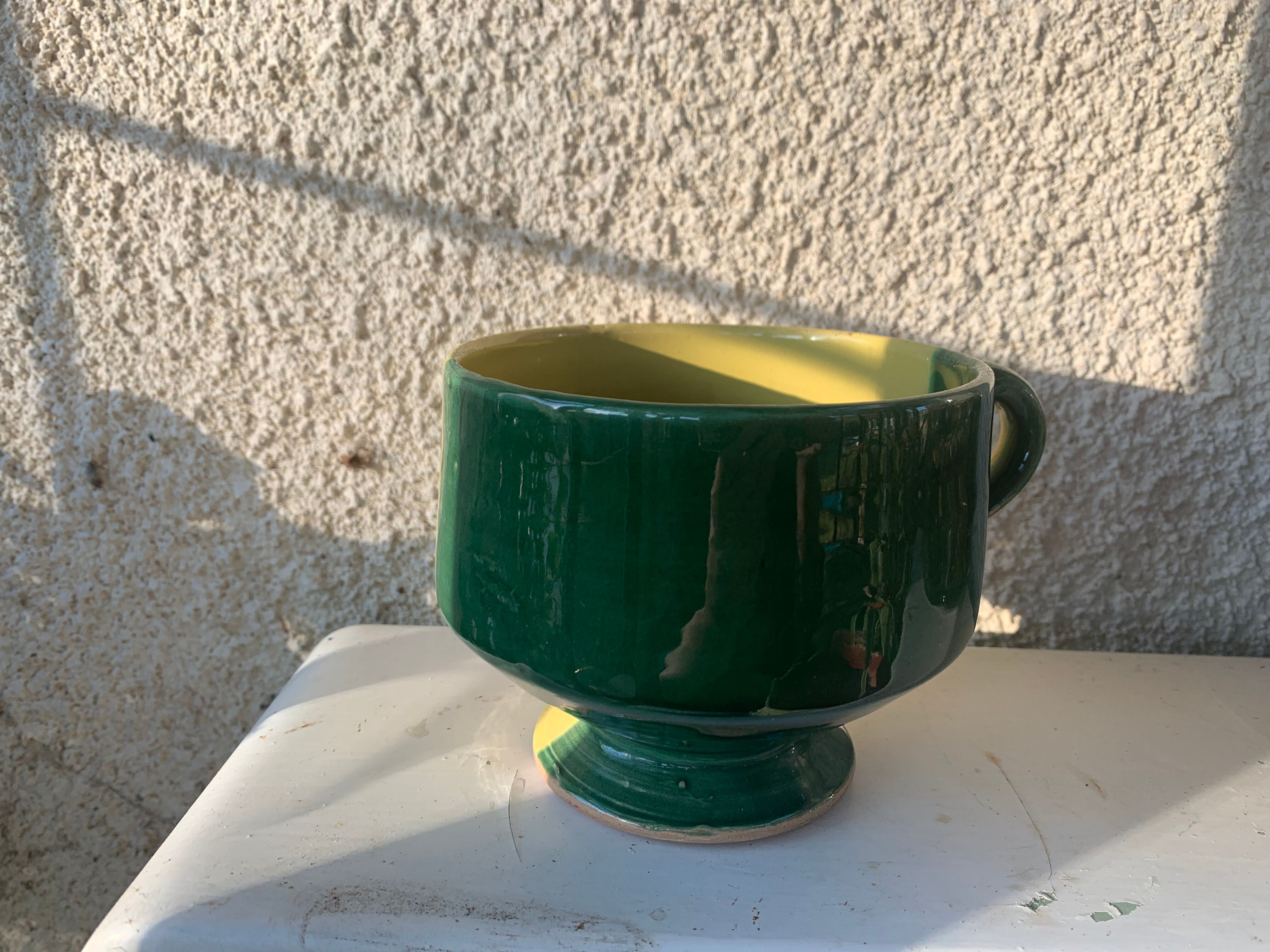 Large bowl in vintage green and yellow enamelled ceramic