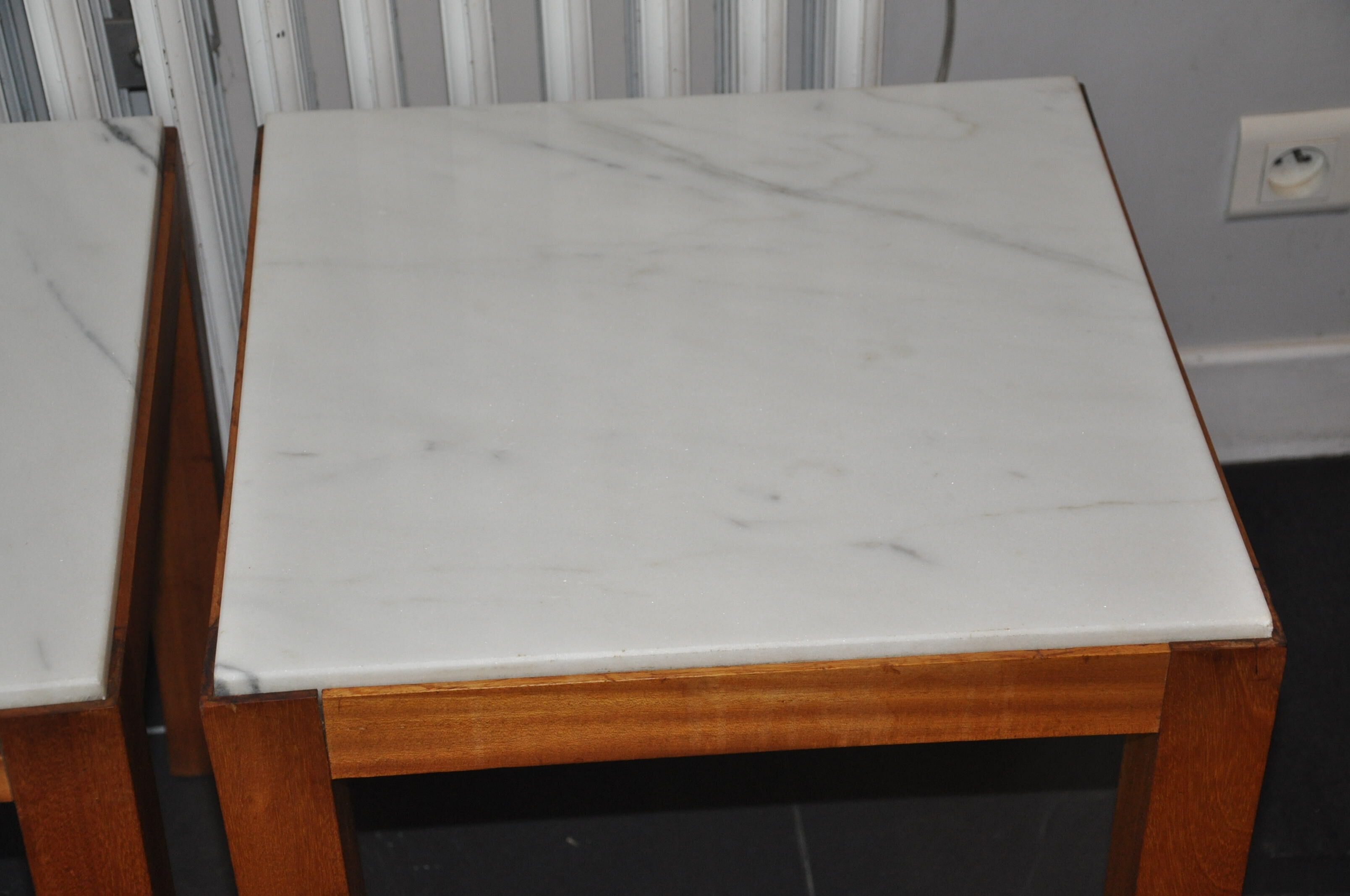 Pair of wooden and marble side tables
