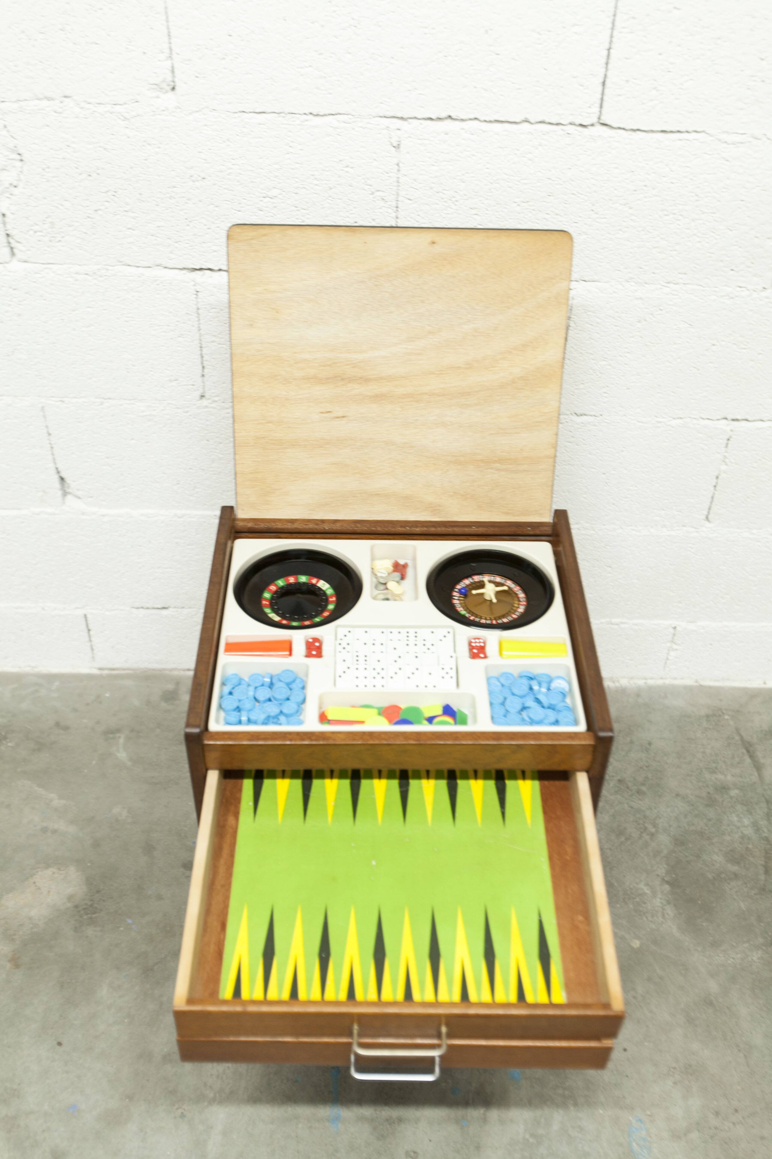 Unique 1960s bedside table with 15 complete games, compass legs, 1960s