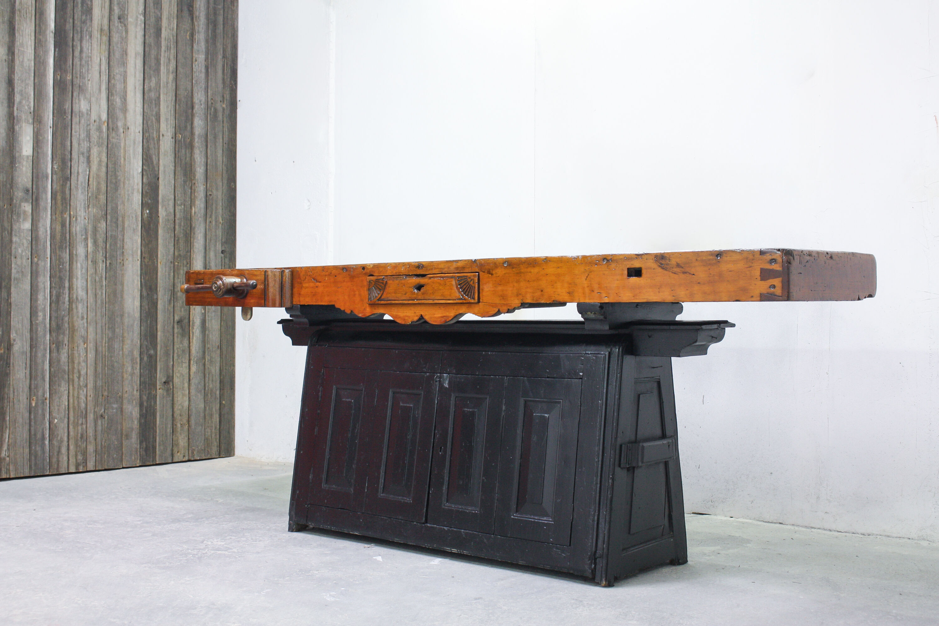 Vintage Portuguese Carpenter's Workbench in wood and black, 1950s