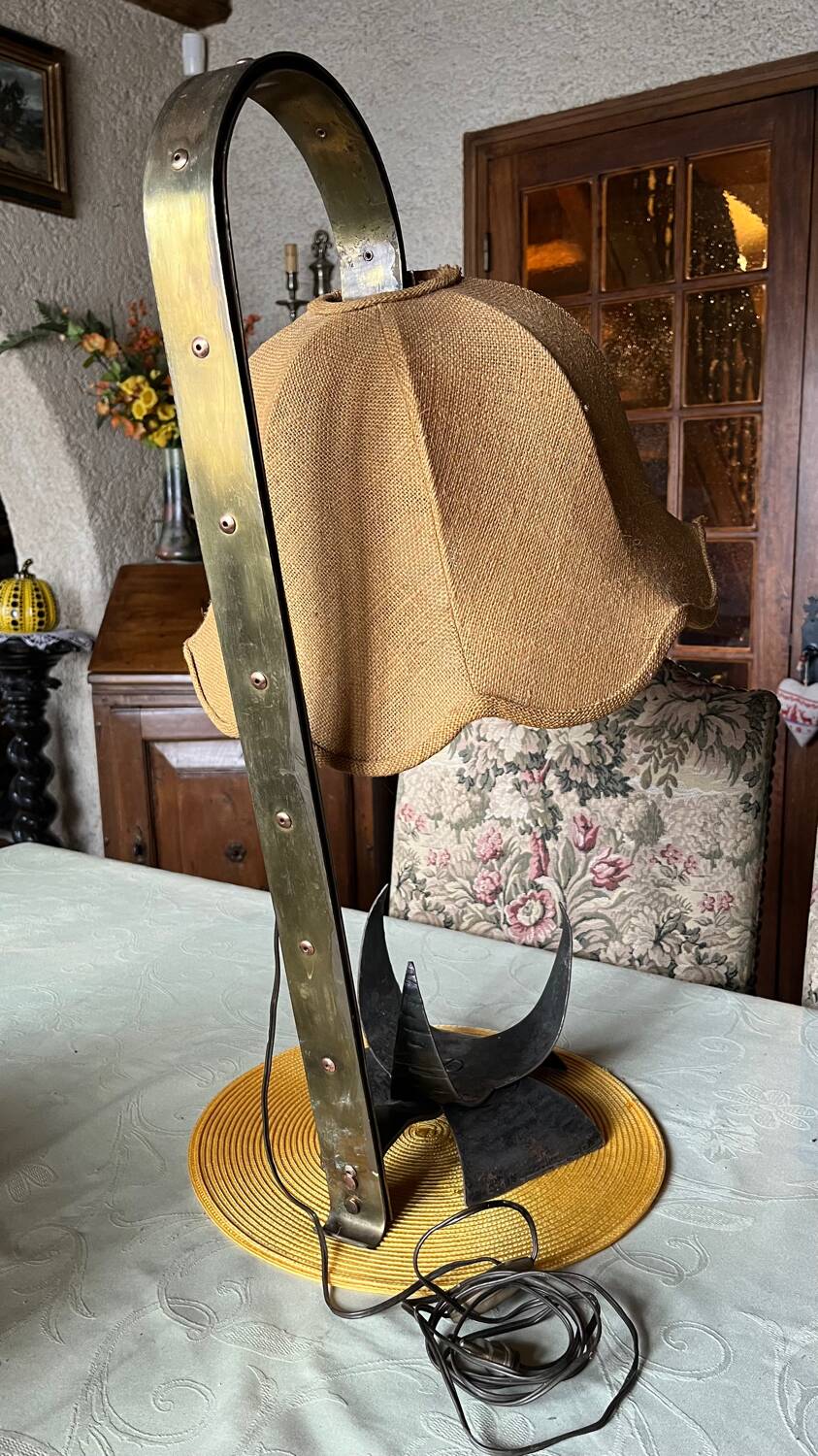 Vintage wrought iron burlap table lamp
