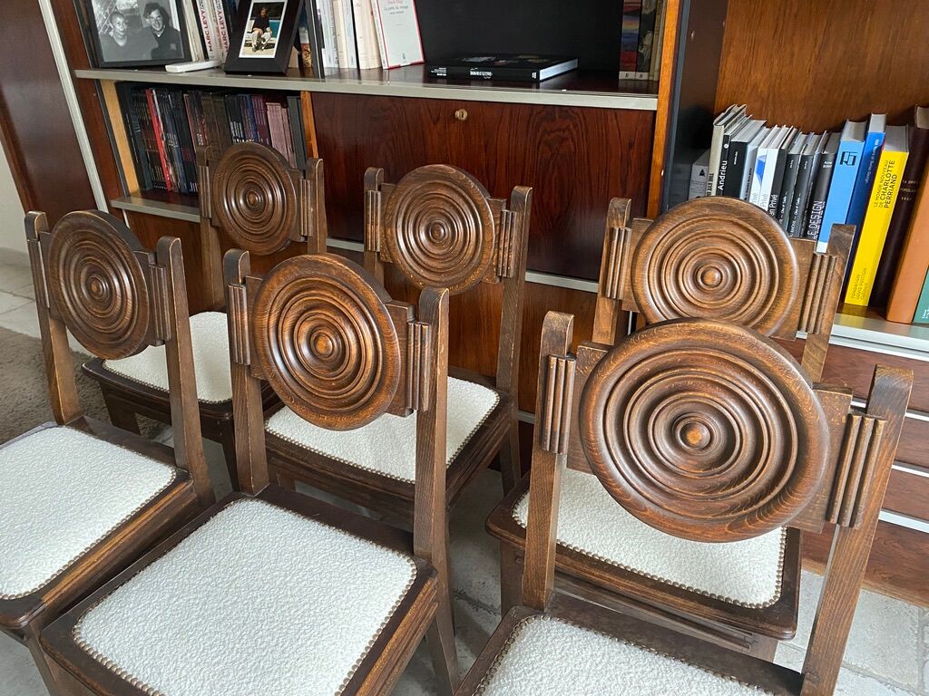 Etienne Kohlmann Art Déco chairs in oak and bouclette fabric, 1930, set of 6