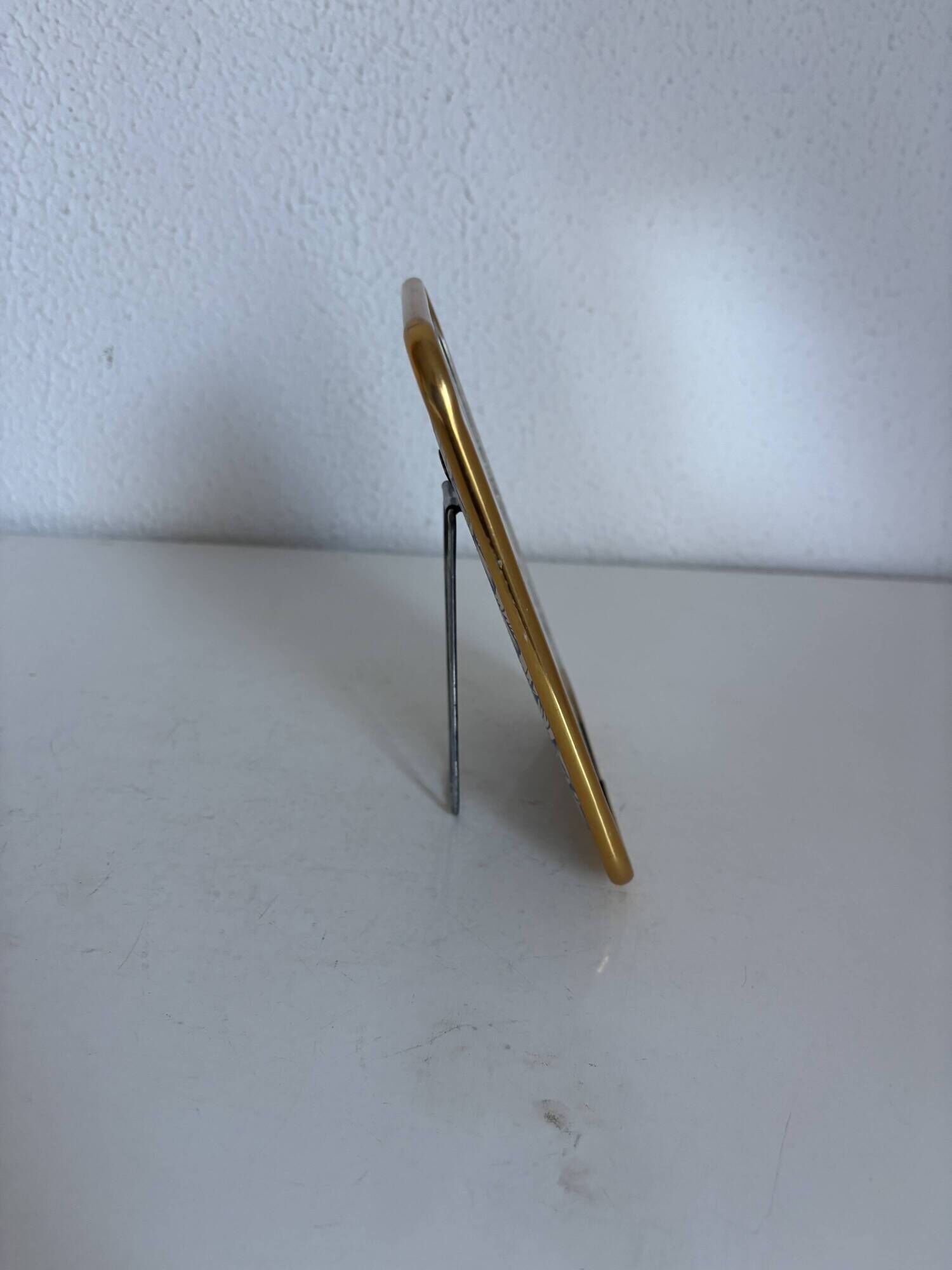 Vintage 1960 barber mirror, shaving or travel, gold and blue - 16 x 11 cm