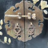 Chinese sideboard with gold lacquer and mother-of-pearl inlay. Bird and landscape decor.