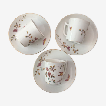 3 cups with saucers porelaine "bird and butterfly"