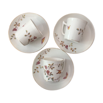 3 cups with saucers porelaine "bird and butterfly"