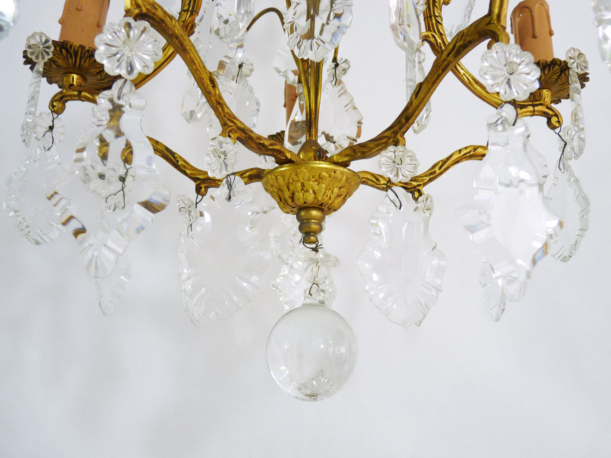 Bronze cage chandelier and glass stamps, at 5 lights. Year 50 60