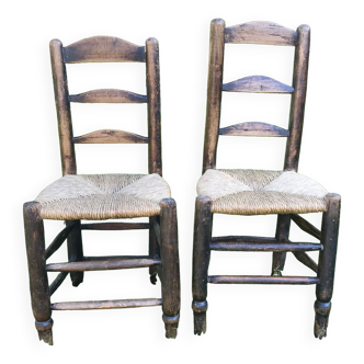 Pair of oak and straw chairs, 19th century period.