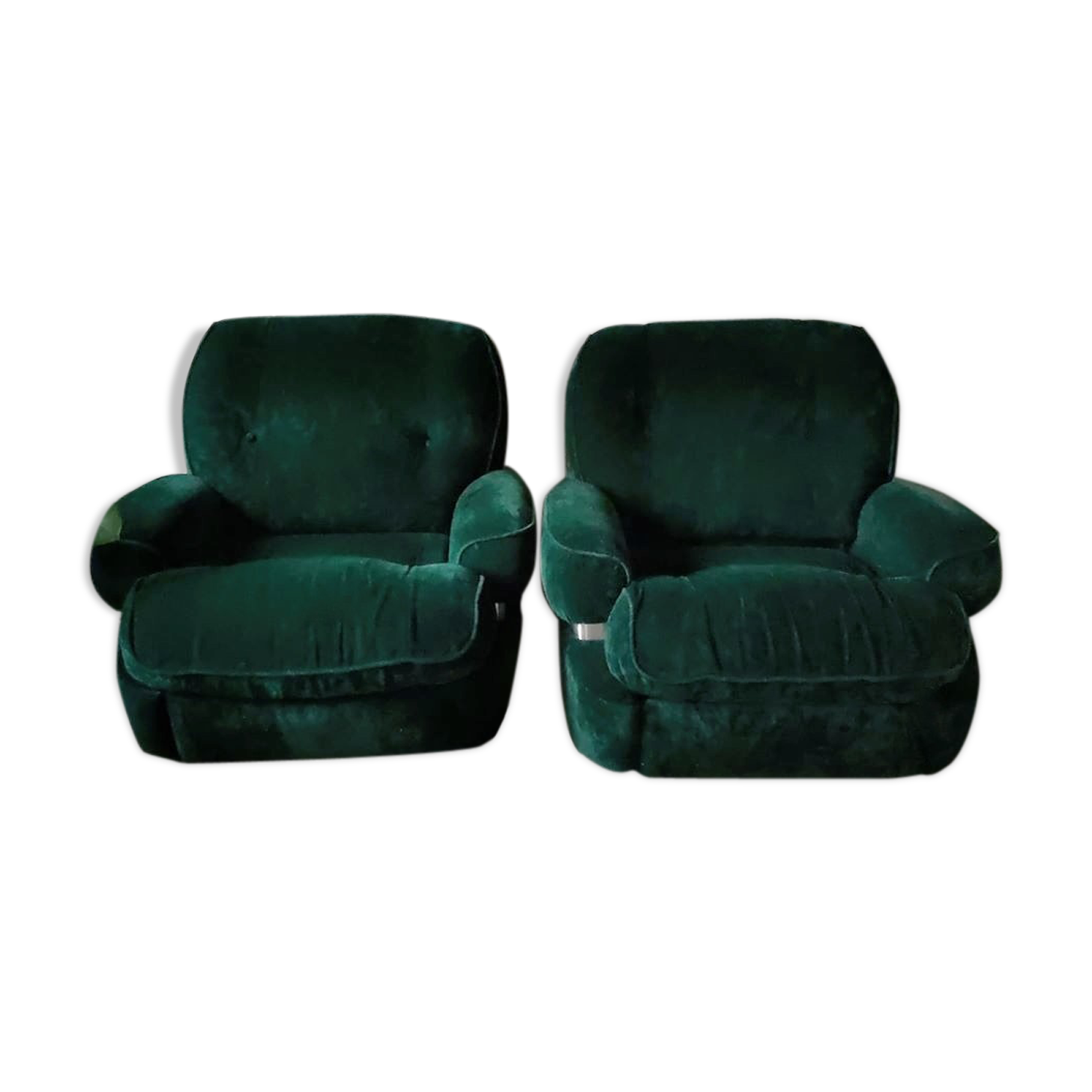 Pair of vintage armchairs in green velvet foret and chrome