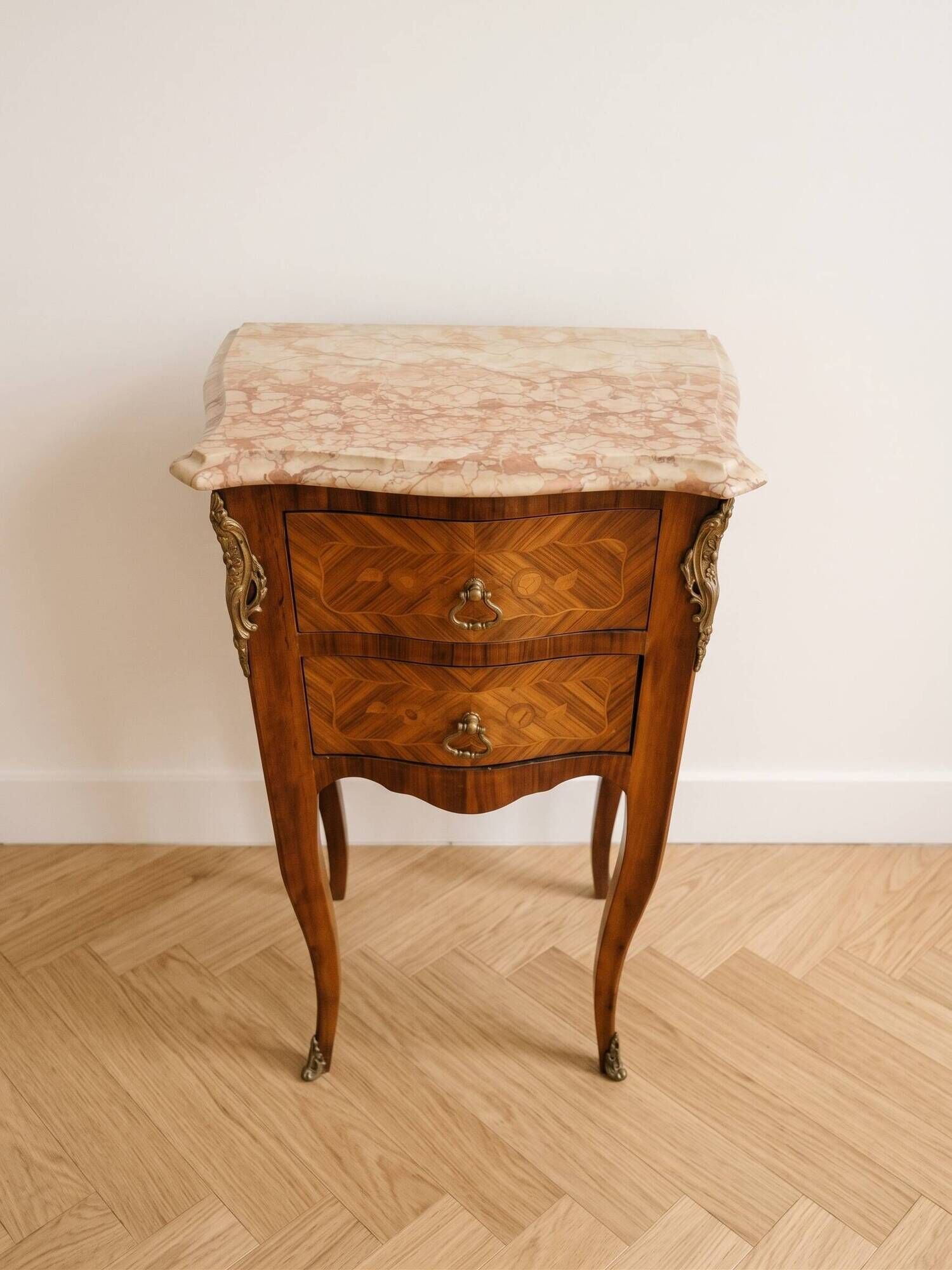 Louis XV style bedside table in marquetry wood and marble