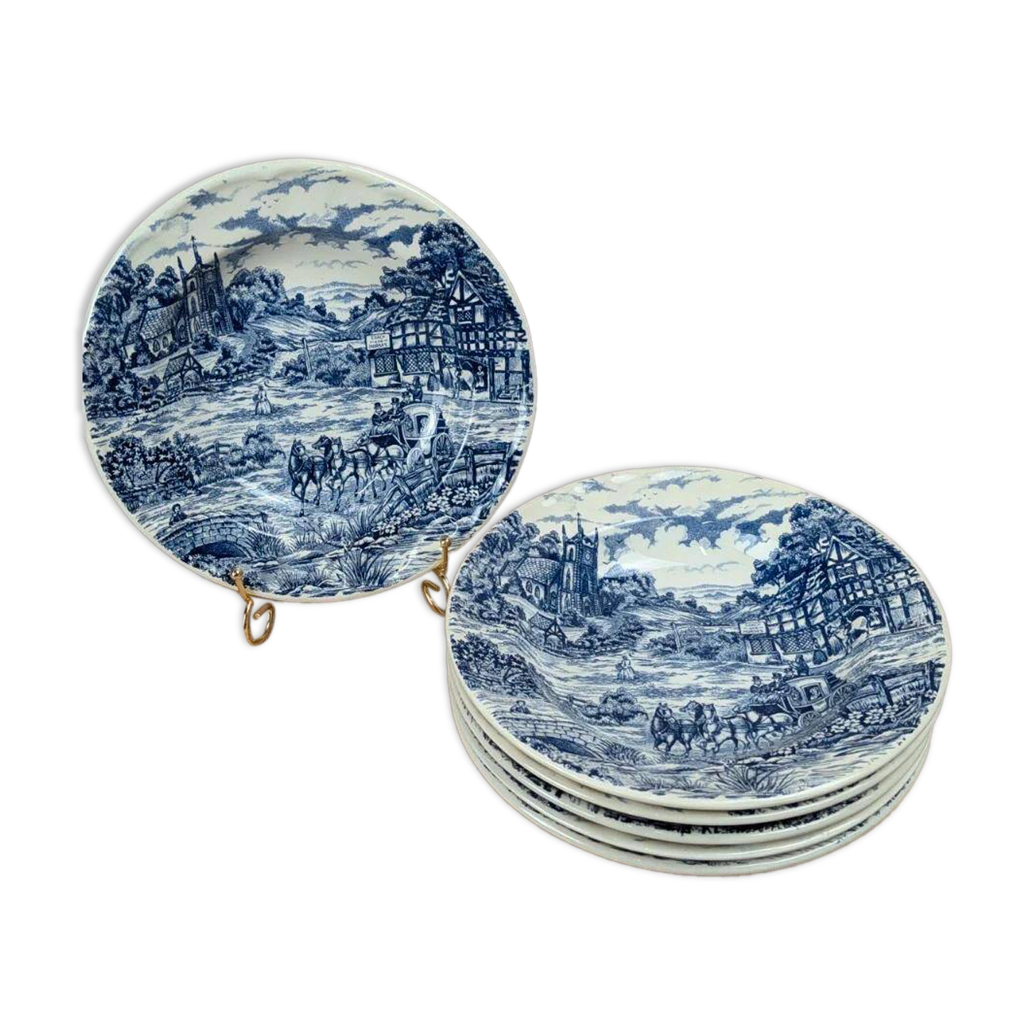 Set of 6 vintage blue Castellania deep plates.