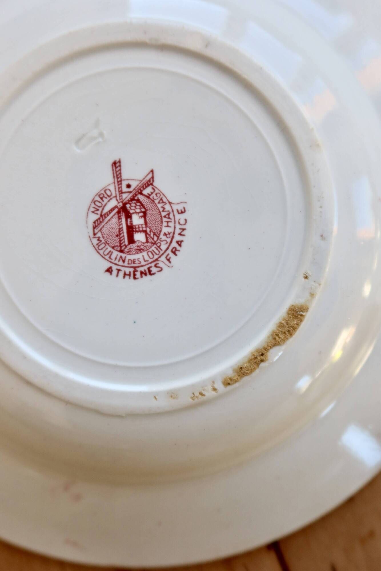Vintage ironstone deep plate Moulin des Loups Athens model red