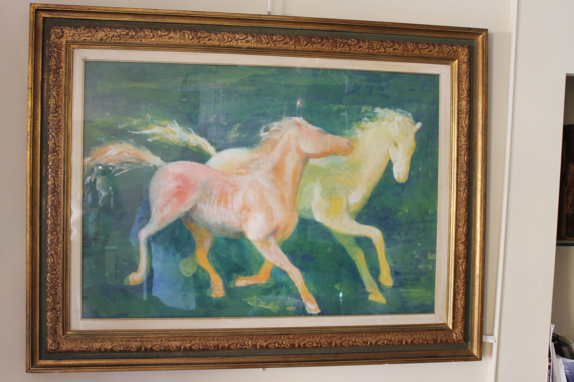 Framed painting representing horses, signed, XX th