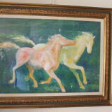 Framed painting representing horses, signed, XX th