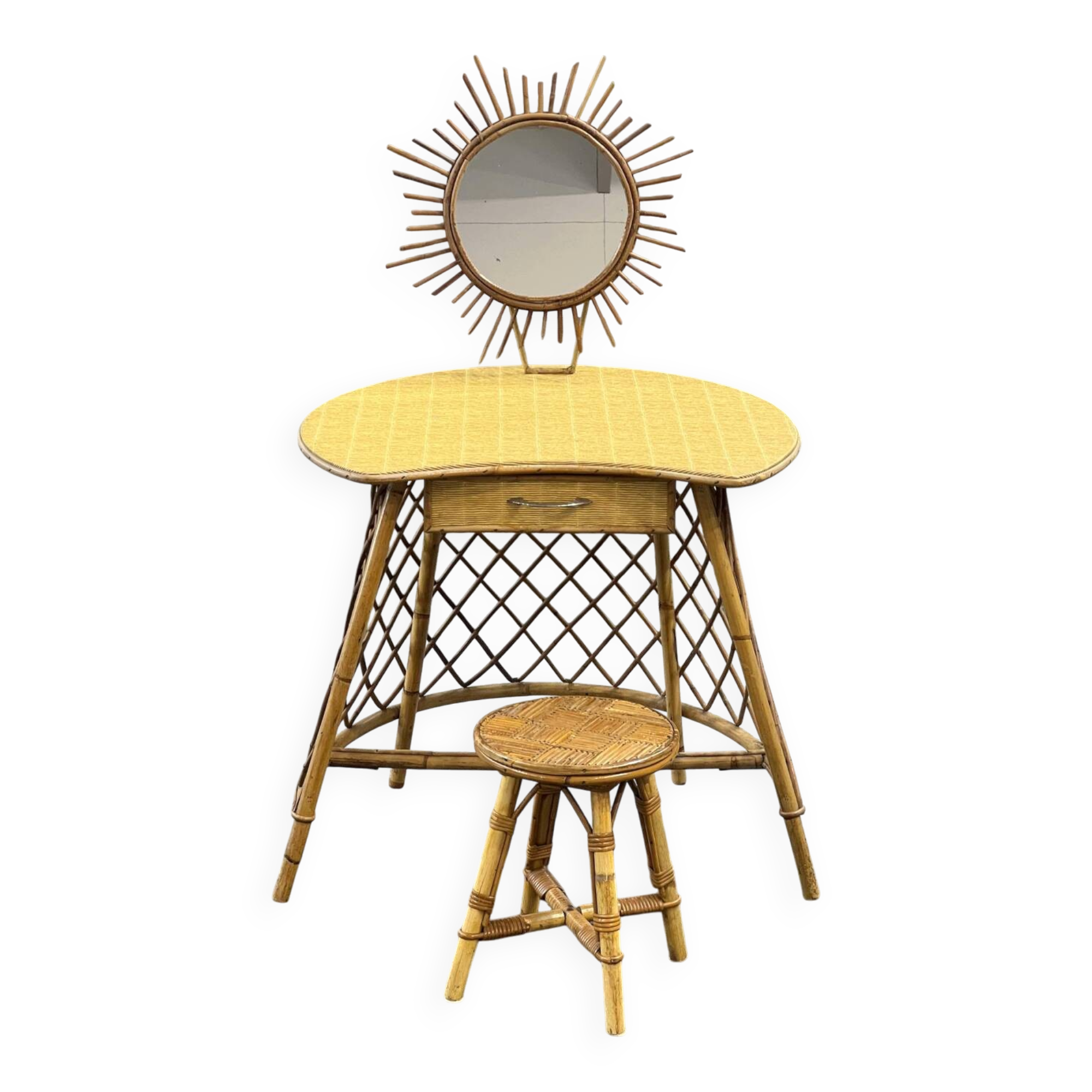 Rattan dressing table with sun mirror and its stool.