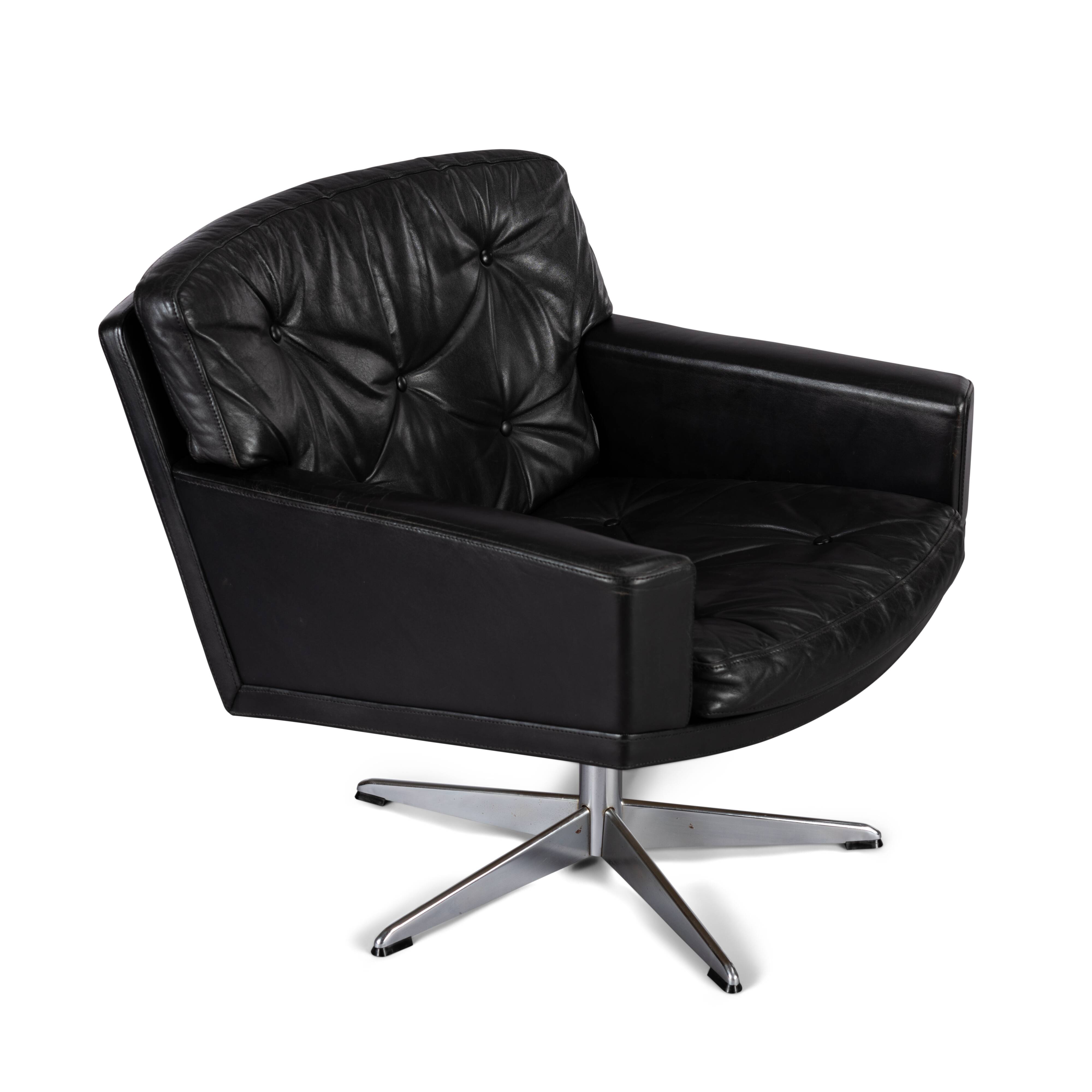 Mid-century black leather swivel chair by Lystager, 1960s
