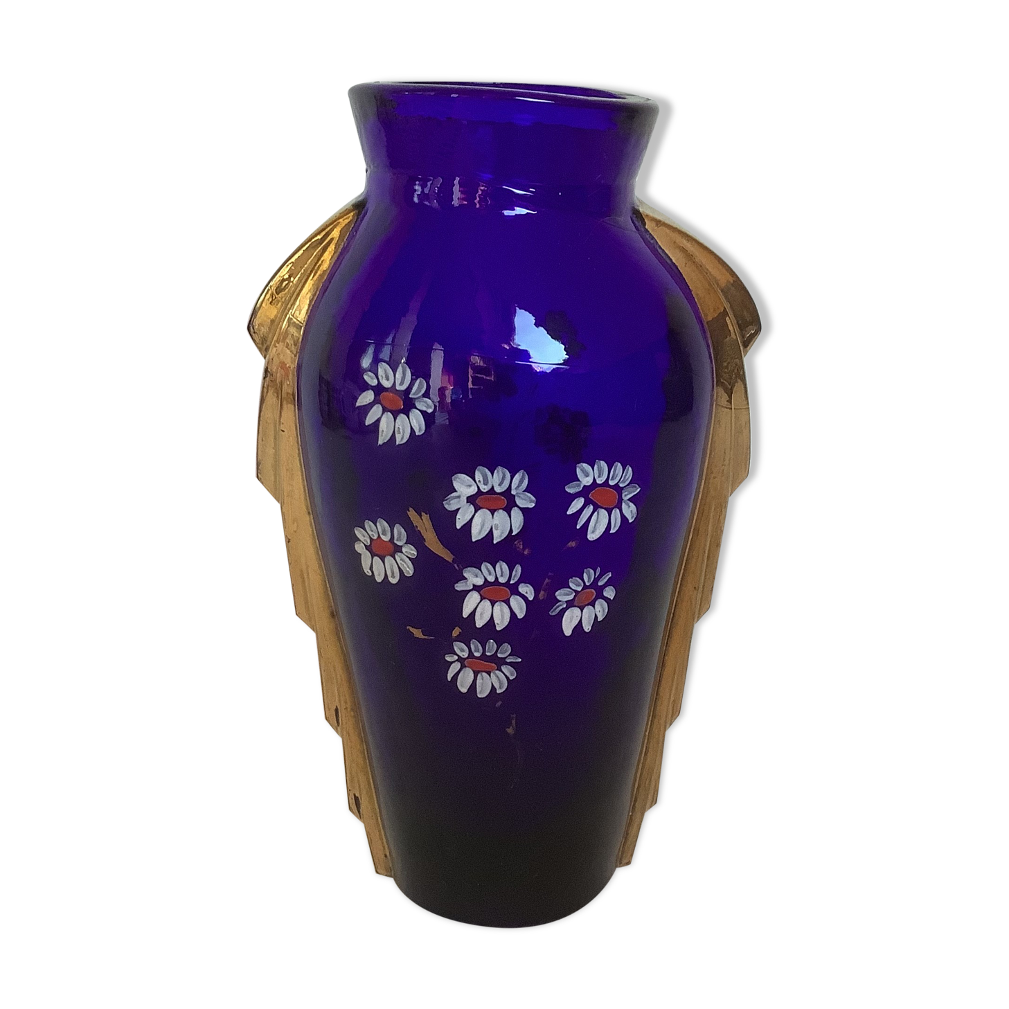 Antique blue and gold glass vase with flower pattern