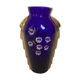 Ancien vase en verre bleu et or motif de fleurs