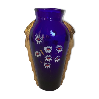 Antique blue and gold glass vase with flower pattern