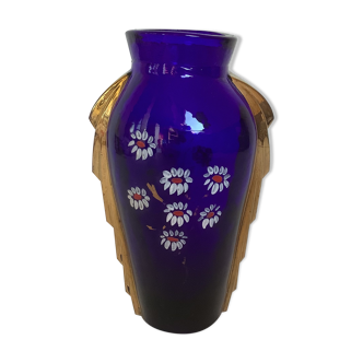 Ancien vase en verre bleu et or motif de fleurs