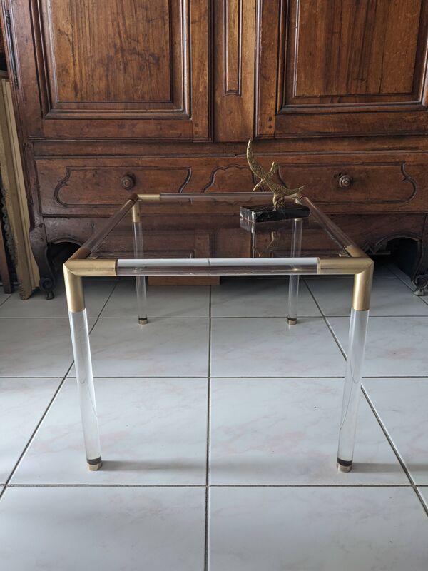 Table basse vintage en plexiglass, verre et métal doré 1970