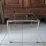 Table basse vintage en plexiglass, verre et métal doré 1970