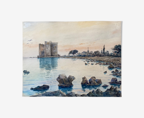 Aquarelle Joséphine Vernay, Île st Honorat cannes "calme au soir" marine
