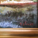 Tableau ancien paysage au bord de l’eau, signé XX siècle
