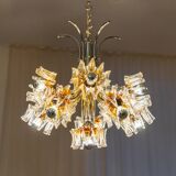 Carlo Nason Murano Glass Flower-Shades Chandelier by Mazzega - Chrome and Transparent Amber Glass, Hollywood Regency, 1970s