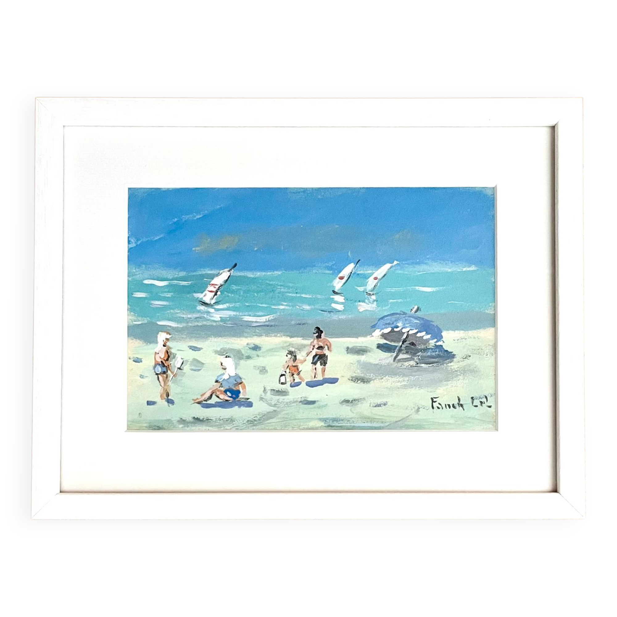 Plaisirs de la plage in Saint Lunaire, gouache on cardboard signed Fanch Lel