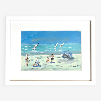 Plaisirs de la plage à Saint Lunaire, gouache sur carton signée Fanch Lel