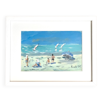 Plaisirs de la plage à Saint Lunaire, gouache sur carton signée Fanch Lel