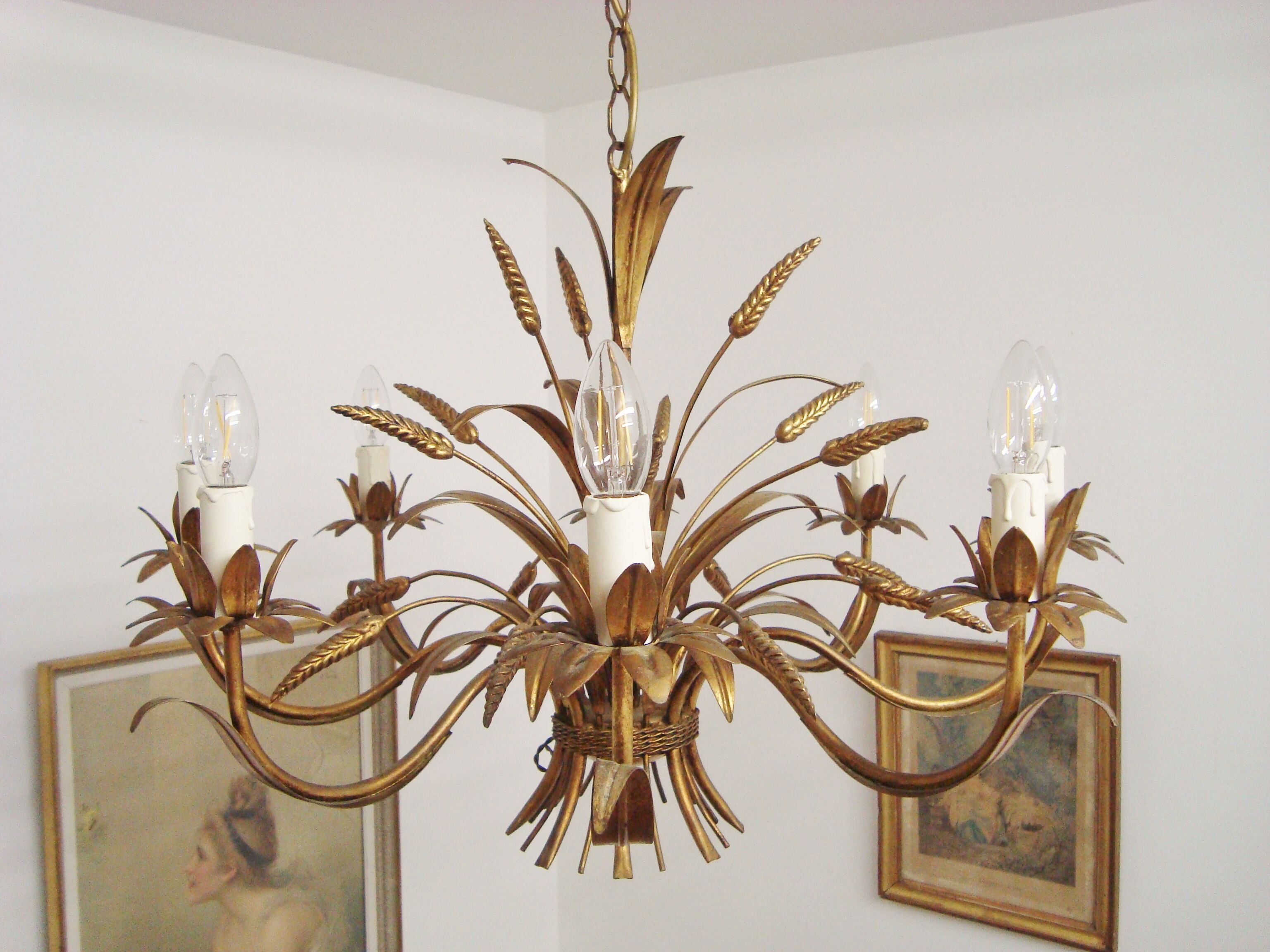 Lustre blé vintage à huit bras en metal doré
