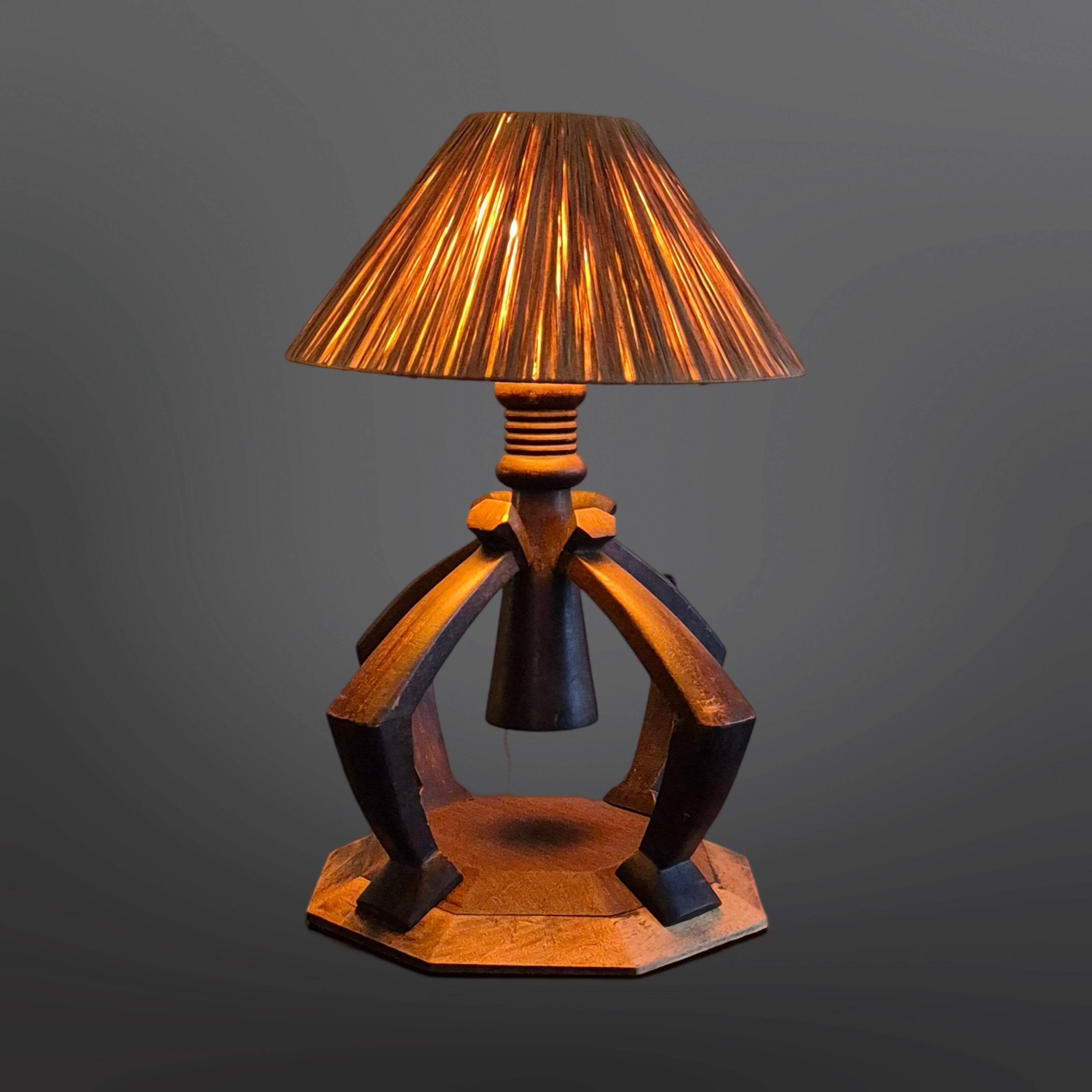 Hand crafted Wabi Wabi table lamp with raffia shade, Netherlands 1930s