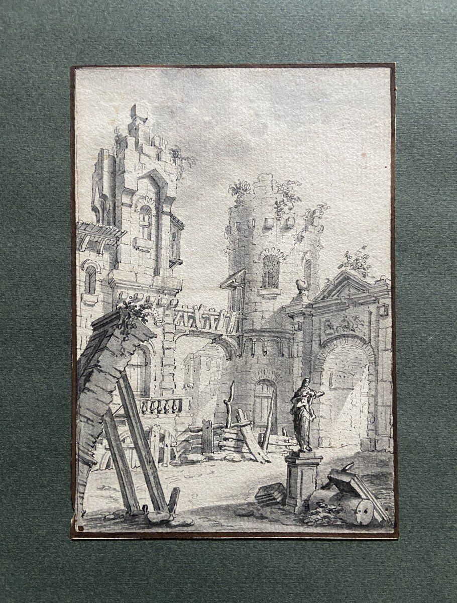 French school of the 18th century, courtyard of a ruined palace, pen drawing