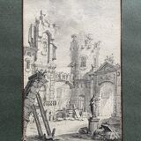 French school of the 18th century, courtyard of a ruined palace, pen drawing