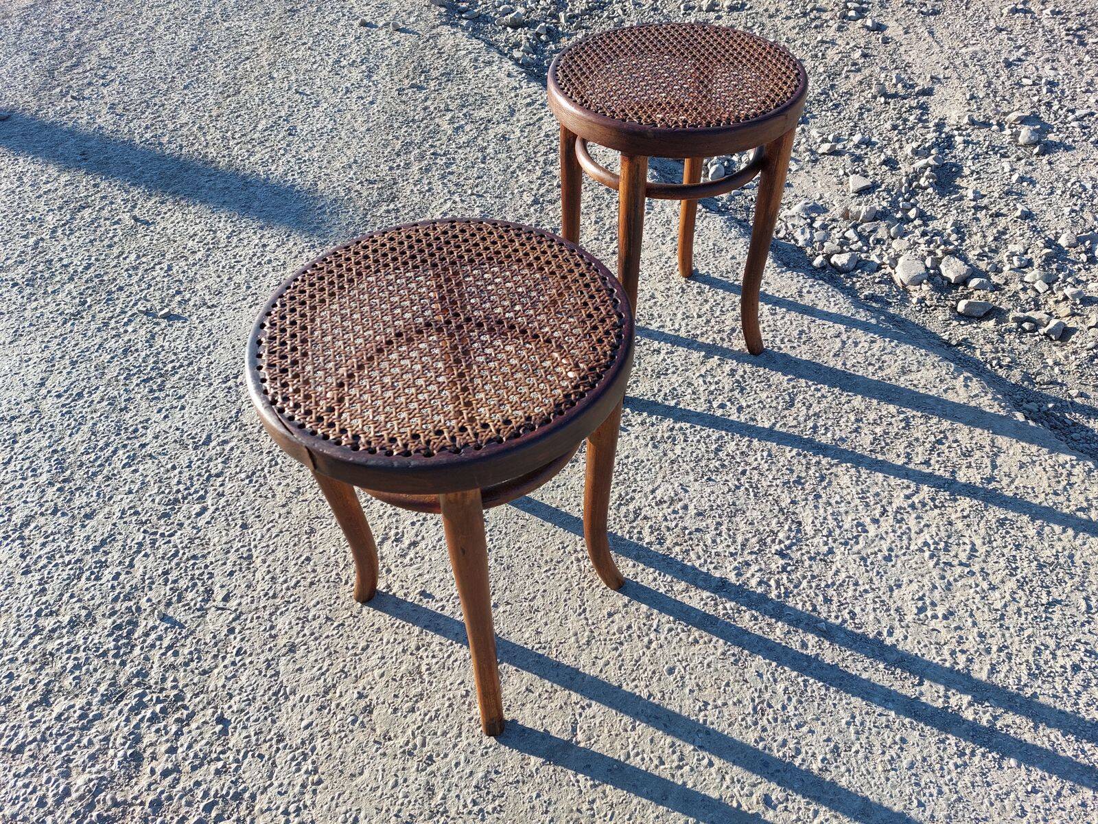 Pair of low caned stools signed Thonet - 1920s