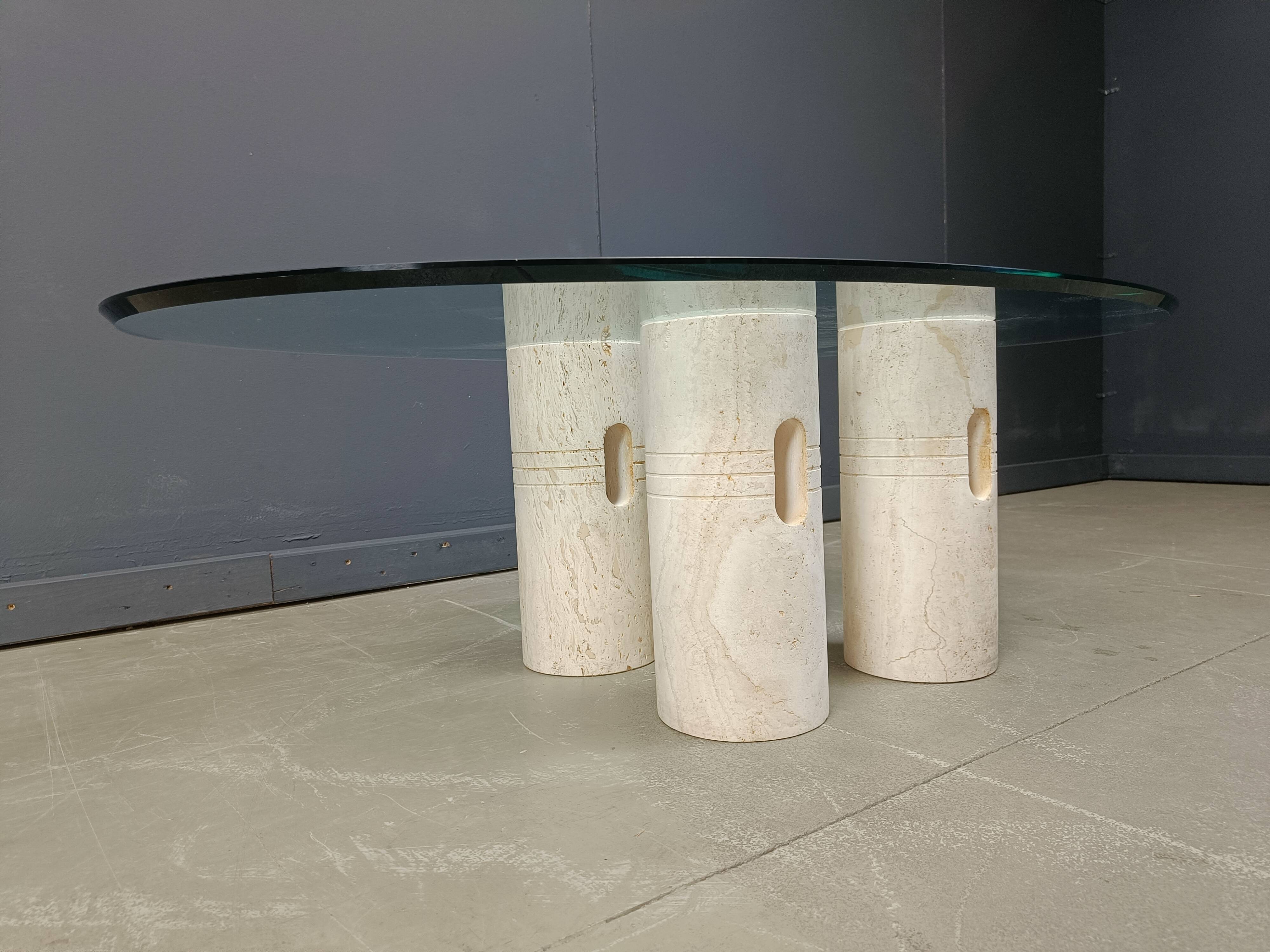 Vintage travertine and glass coffee table, 1970s