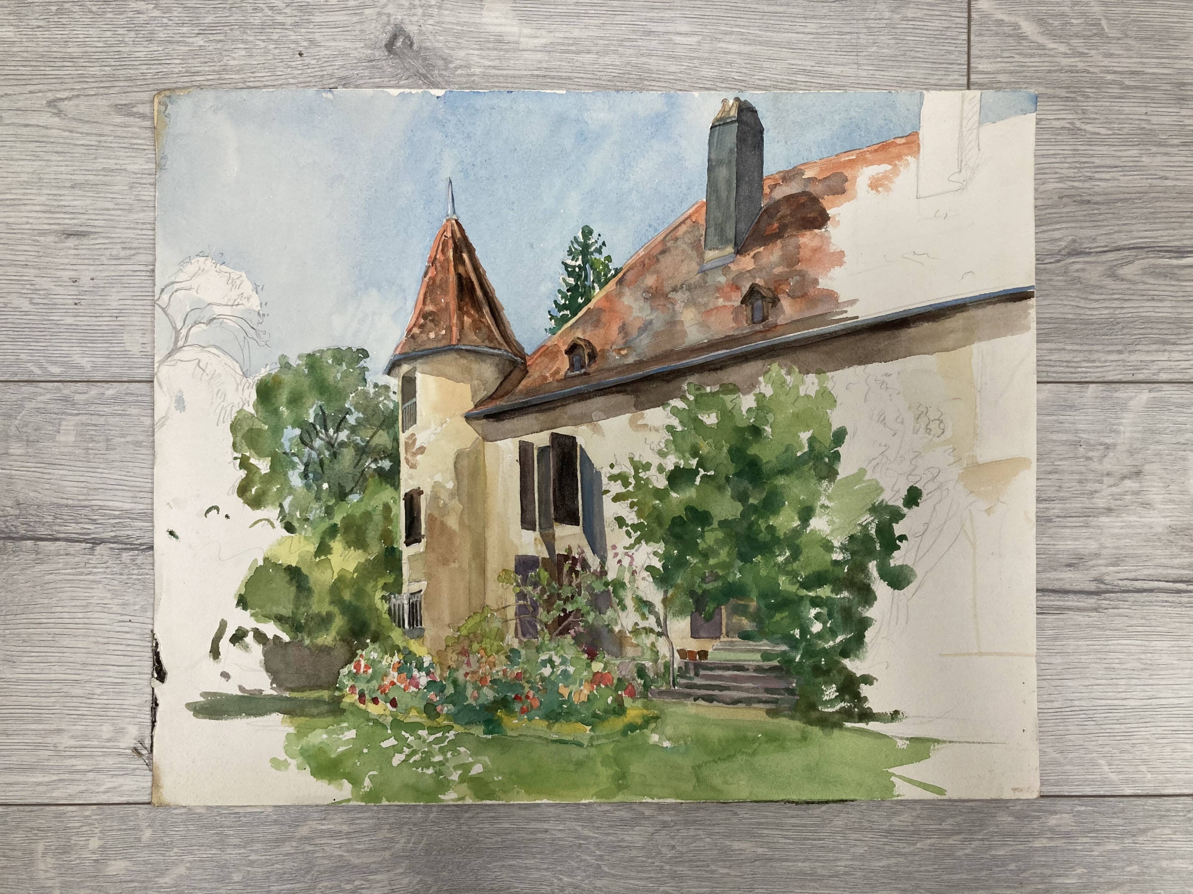 Watercolor landscape old house
