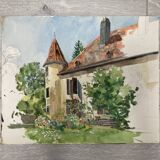 Aquarelle paysage demeure ancienne