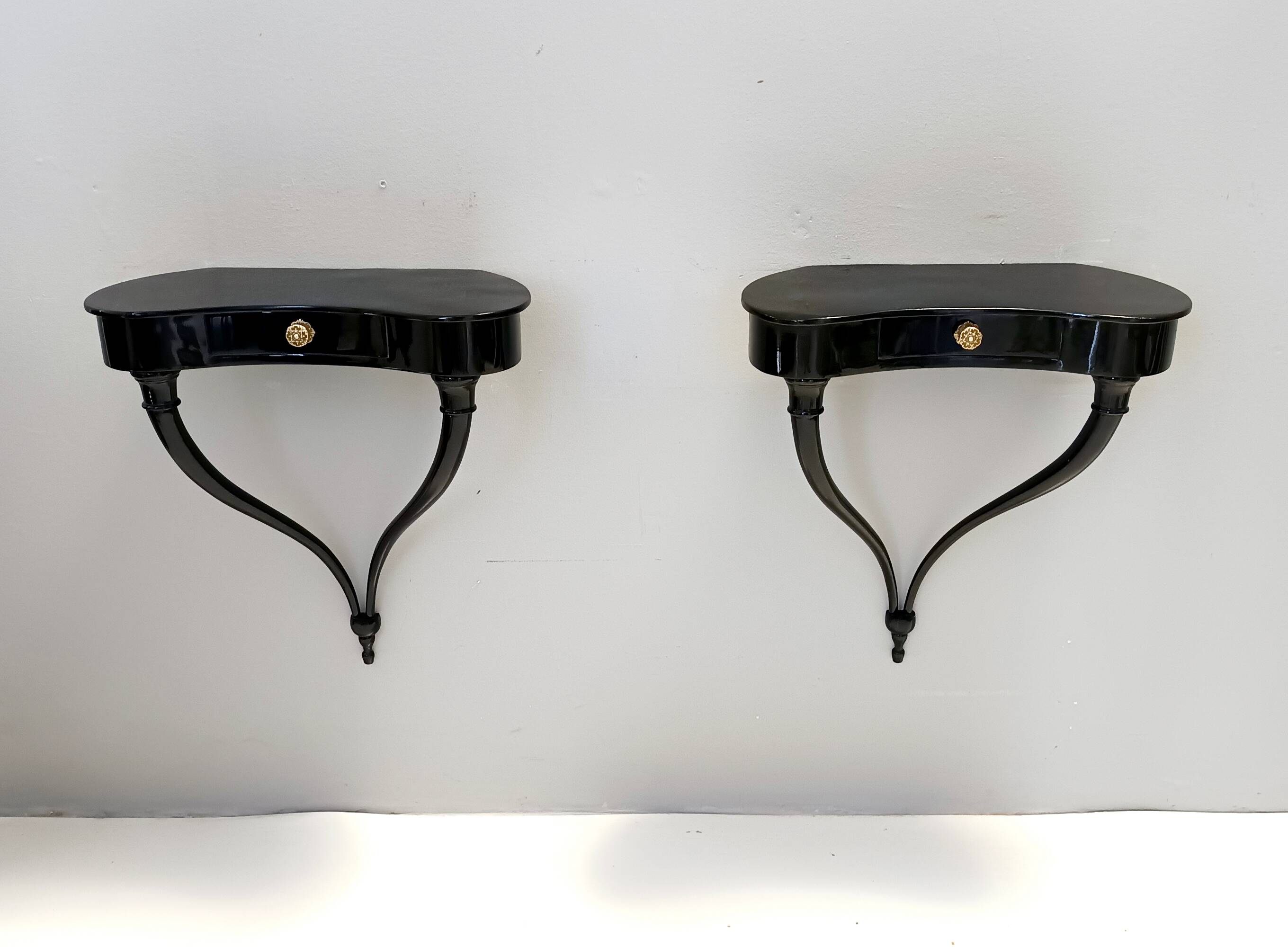 Pair of Black Wall-Mounted Console Tables / Nightstands attr. to Ulrich