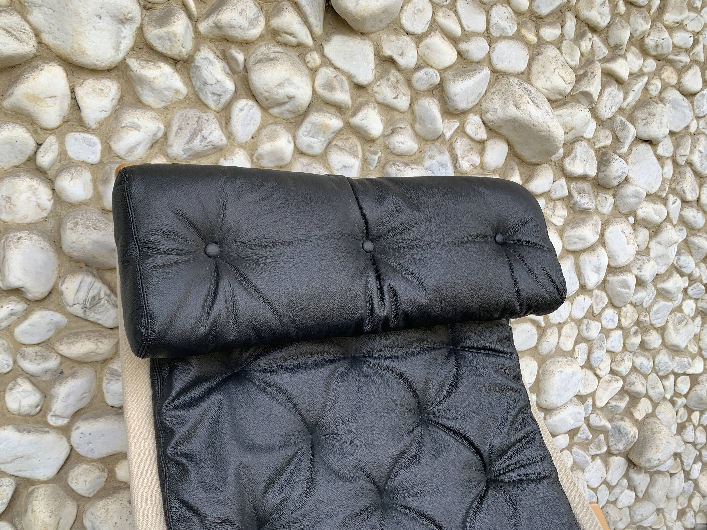 Pernilla armchair new black leather by Bruno Mathsson, Dux, Sweden 1970